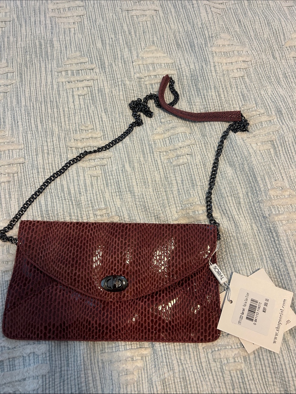 Sorial Burgundy Snake-Embossed Crossbody with Gunmetal Chain